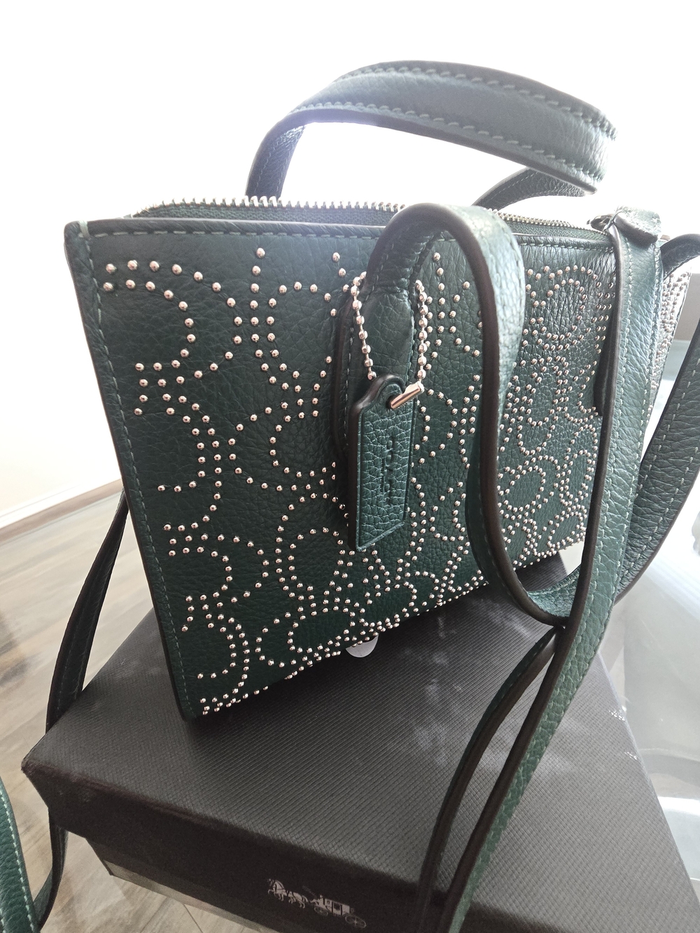 COACH Green Studded Signature Leather Tote - Picture 3 of 8